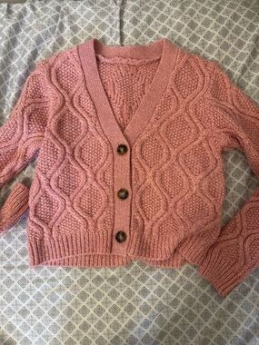 Women’s Pink Cable Knit Button-Front Sweater Cardigan